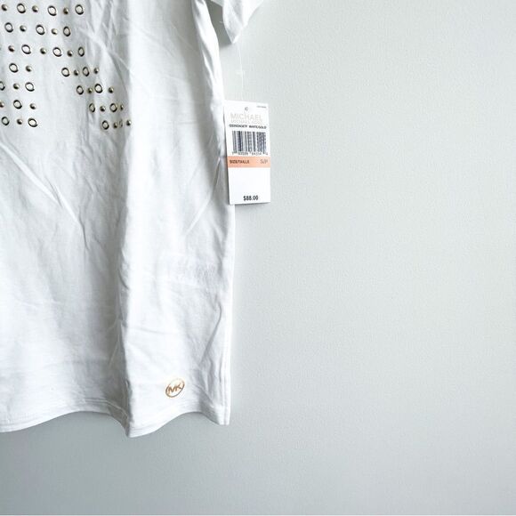 Michael Michael Kors White T-shirt Gold Bling MK Logo Stud Cotton Women's S NWT - Picture 4 of 8
